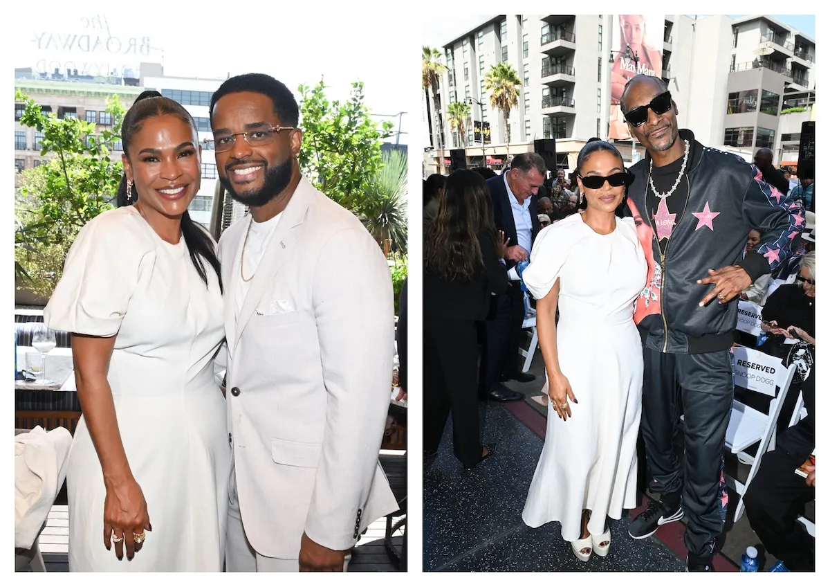 Vedľa seba fotky Nia Long pózujúcej s Larenzom Tateom (obaja v bielom) a Nia Long pózujúcej so Snoop Doggom